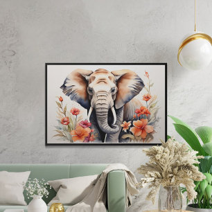 Poster Eléphant élégant et aquarelle florale Art