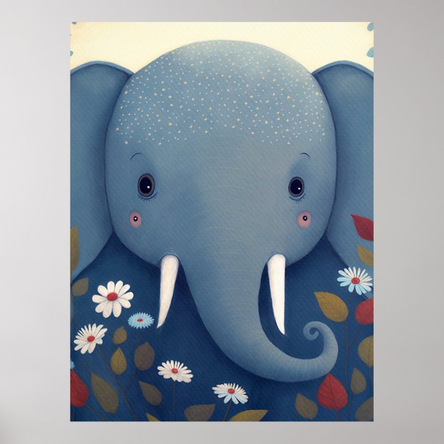 Poster Éléphant et fleurs lunaires (Devant)