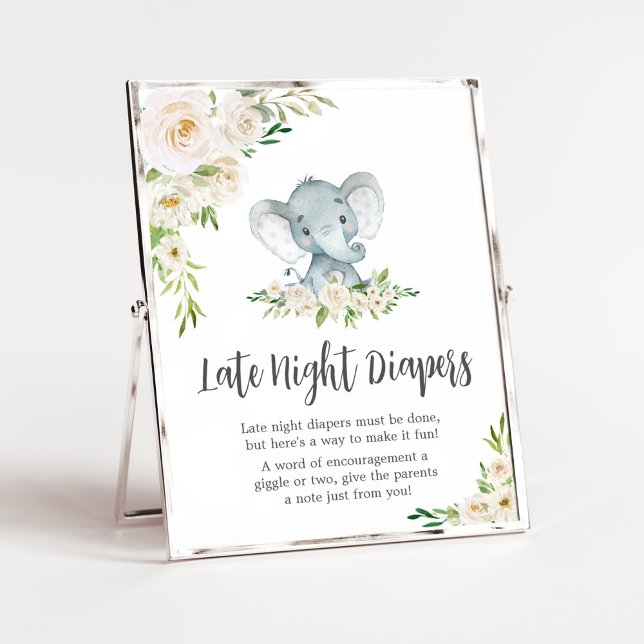 Poster Élephant Floral Blanc Eléphant Late Night Diapers (A Little Peanut is on the Way Baby Shower Late Night Diapers Sign)