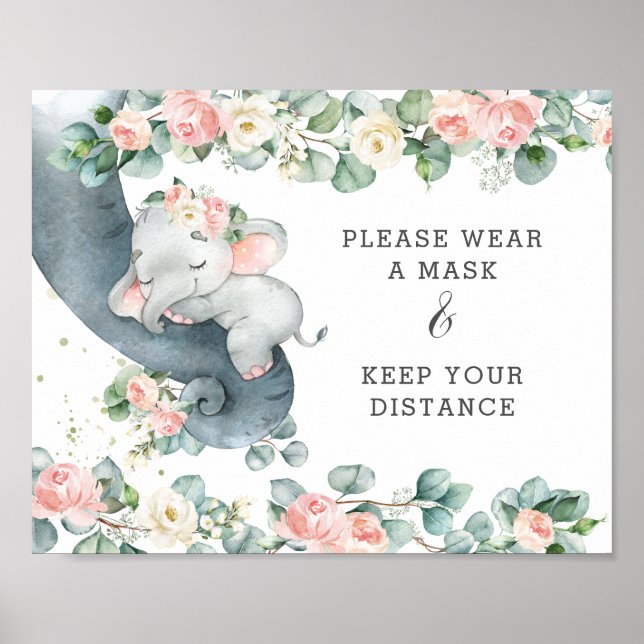 Poster Eléphant Floral Chic Porter Un Masque Garder La Di (Devant)
