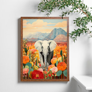 Poster Eléphant Floral Desert Mountain coloré