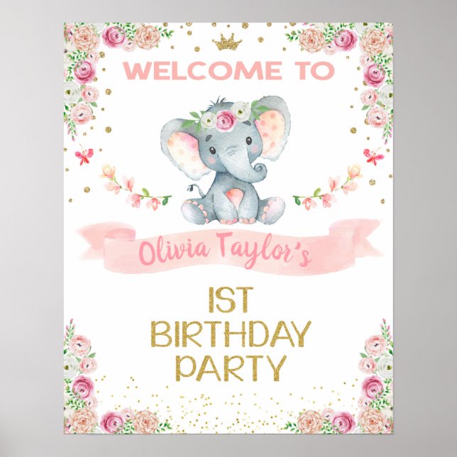 Poster Elephant Floral Premier Anniversaire Panneau de bi (Devant)