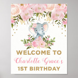 Poster Eléphant floral rose 1er anniversaire Bienvenue