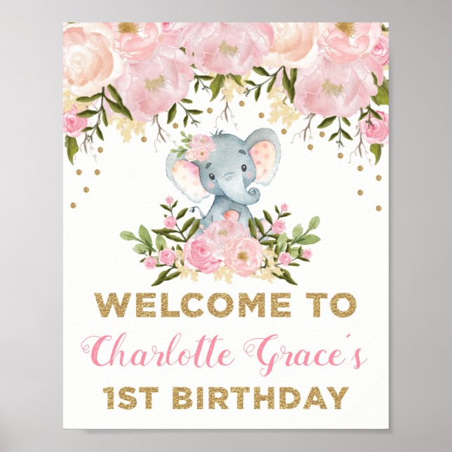 Poster Eléphant floral rose 1er anniversaire Bienvenue (Devant)