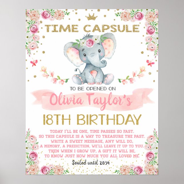 Poster Eléphant floral Temps Capsule premier anniversaire (Devant)