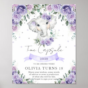 Poster Eléphant Floral Violet 1er Anniversaire Temps Caps