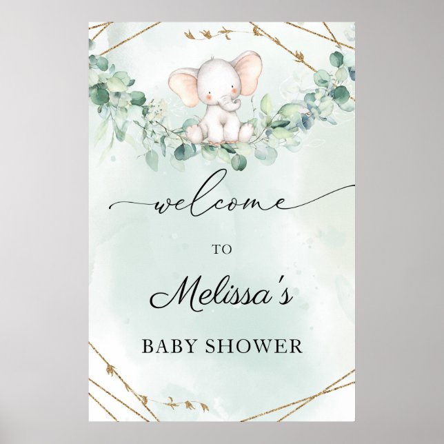 Poster Elephant Green Foliage Baby shower de bienvenue (Devant)