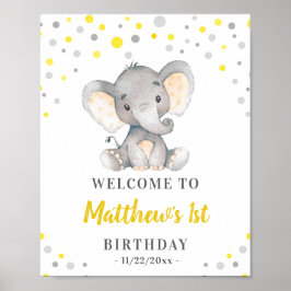 Poster Eléphant gris Jaune Polka Dot Anniversaire Bienven