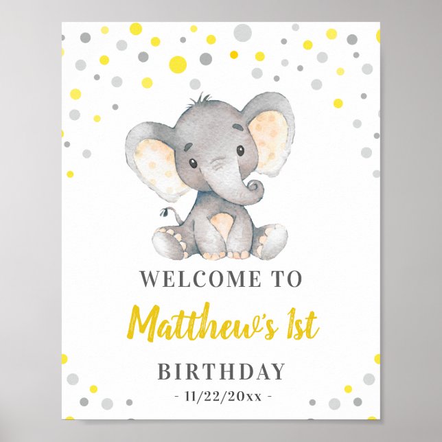 Poster Eléphant gris Jaune Polka Dot Anniversaire Bienven (Devant)
