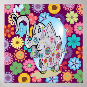 Poster Eléphant hippie mignon avec fleurs colorées