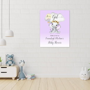 Poster Elephant Hot Air Balloon Baby Girl Purple Bienvenu