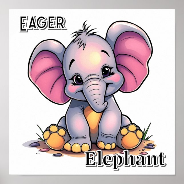 Poster Éléphant Impatient  | Art pour la Nurserie de Enfa (Devant)