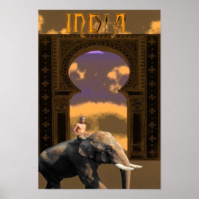 Poster Elephant indien et cavalier (Devant)