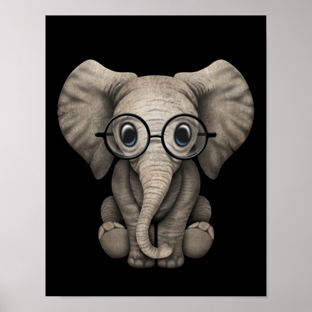 Poster Eléphant mignon bébé avec lunettes de lecture Noir (Devant)