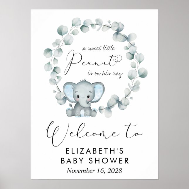 Poster Eléphant mignon Eucalyptus Baby Boy Douche Bienven (Devant)