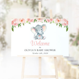 Poster Eléphant mignon, Fleurs roses, Baby shower Bienven