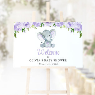 Poster Eléphant mignon, Fleurs violettes, Baby shower Bie