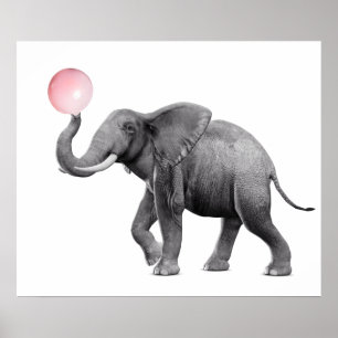 Poster Éléphant Mignon Noir Blanc Bubble Gum Nurserie Enf