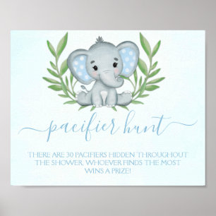 Poster Elephant Pacifier Chasse Baby shower garçon Jeu