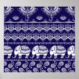 Poster Elephant, paisley : motif vintage tribal.