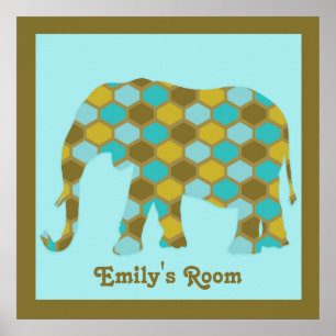 Poster Éléphant personnalisé vert olive bleu or