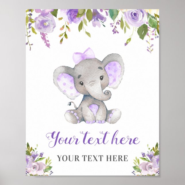 Poster Eléphant Purple Girl Baby shower saupoudrer Annive (Devant)