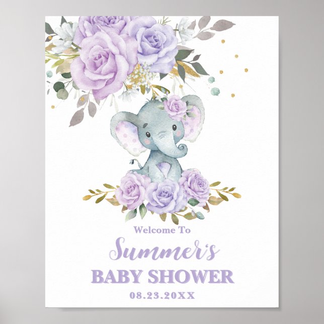 Poster Elephant Purple Lilac Baby shower Floral Bienvenue (Devant)