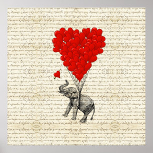 Poster Eléphant romantique et ballons cardiaques