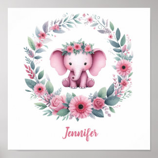 Poster Éléphant rose avec couronne florale