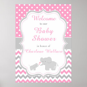 Poster Eléphant rose et gris Baby shower