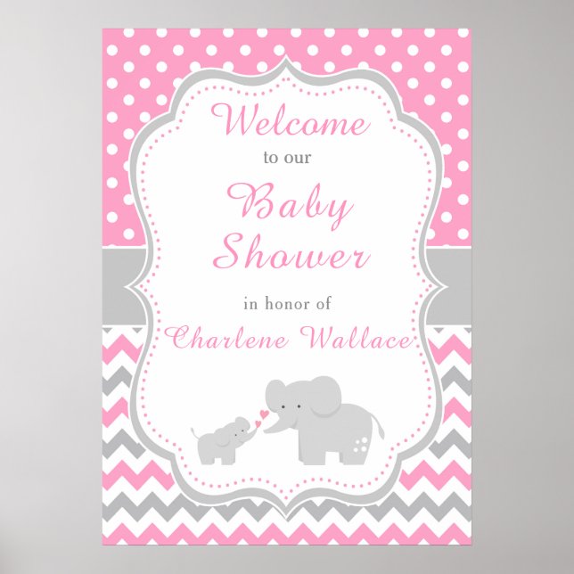 Poster Eléphant rose et gris Baby shower (Devant)