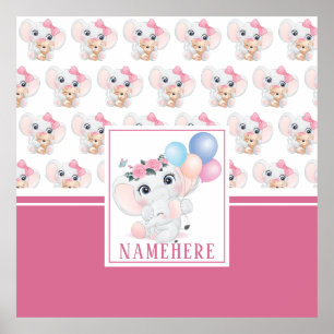 Poster Éléphant Rose Féminin avec Nœud et Motif de Ballon