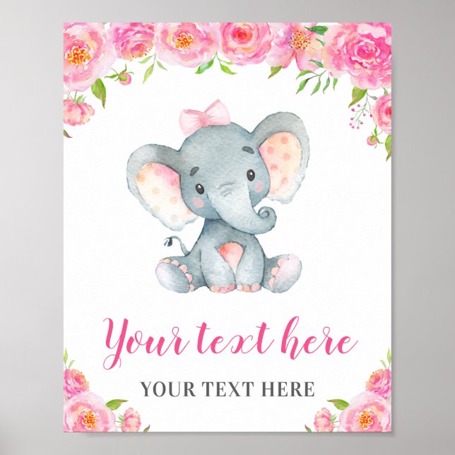 Poster Elephant rose fille Baby shower saupoudrer Anniver (Devant)