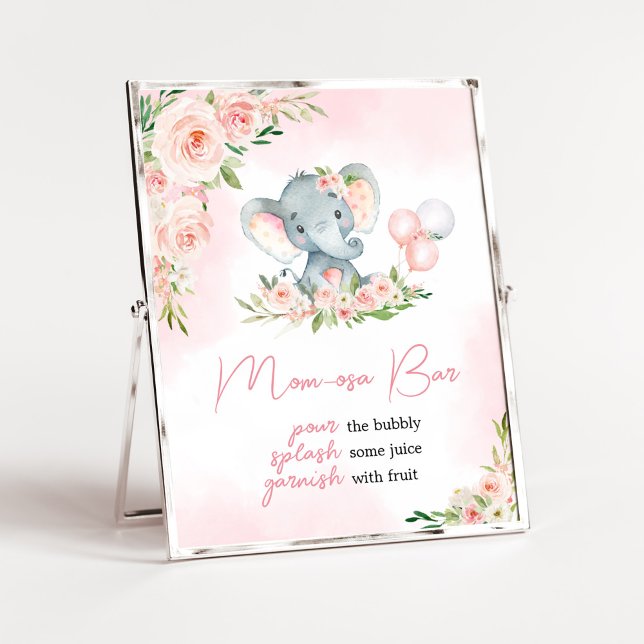 Poster Eléphant rose Floral Balloon Maman Osa Bar (Floral Balloon Elephant Baby Shower Mom Osa Bar Sign)