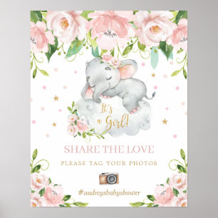 Poster Éléphant Rose Floral Partagez l'Amour Étiquetez Vo