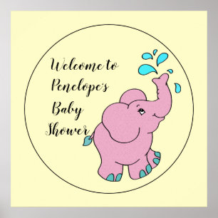 Poster Eléphant rose mignon avec votre nom Baby shower