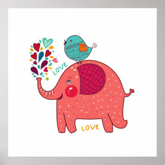 Poster Eléphant Rouge Et Oiseau