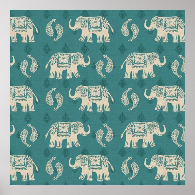 Poster Elephant Teal Caravan Pattern (Devant)