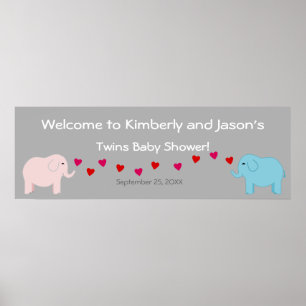 Poster Elephant thème Twin Boy & Girl Baby shower bannièr