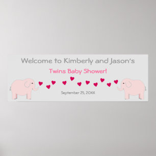 Poster Elephant Thème Twin Girls Baby shower Bannière