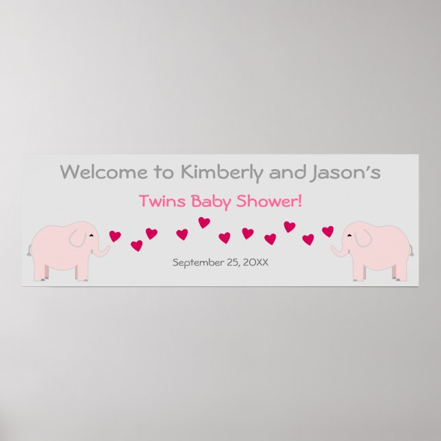 Poster Elephant Thème Twin Girls Baby shower Bannière (Devant)