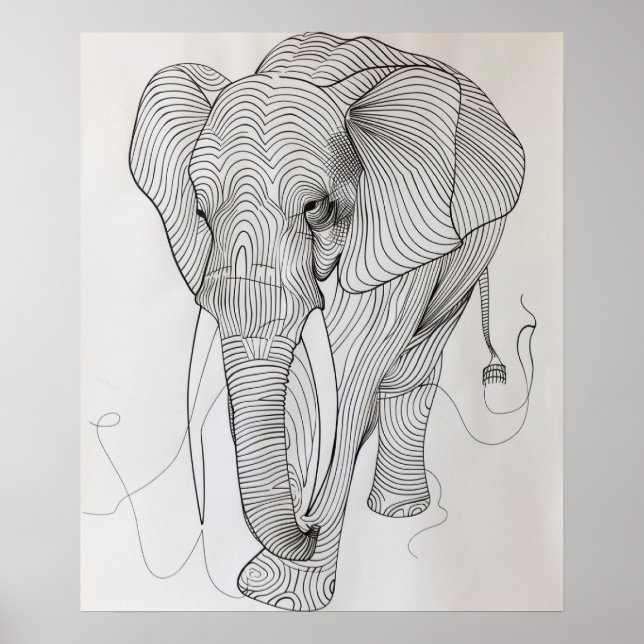 Poster Eléphant Wavy Minimalist Line Art (Devant)