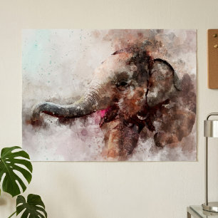 Poster Éléphante Asiatique Bébé Mignonne et Enjouée Aquar