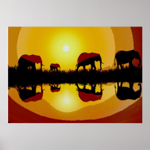 Poster Eléphants africains couchés de soleil