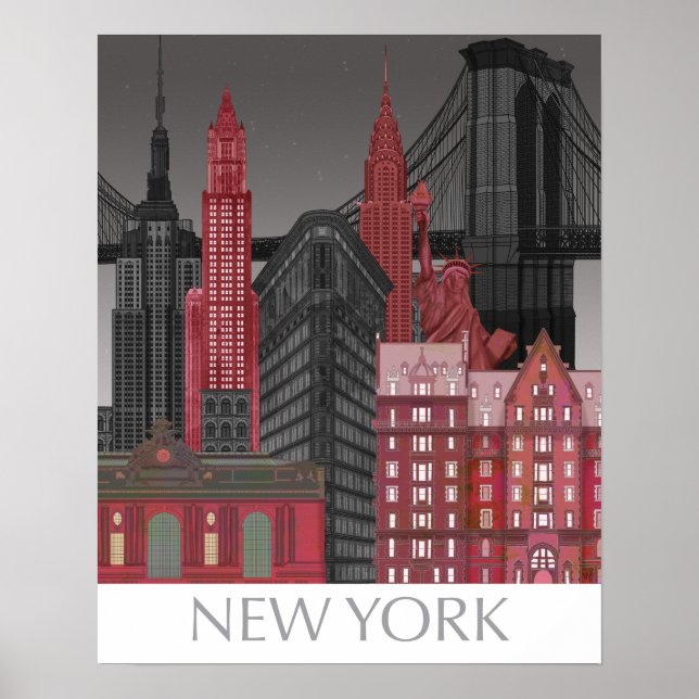 Poster Élévations de New York par nuit - Rouge (Devant)