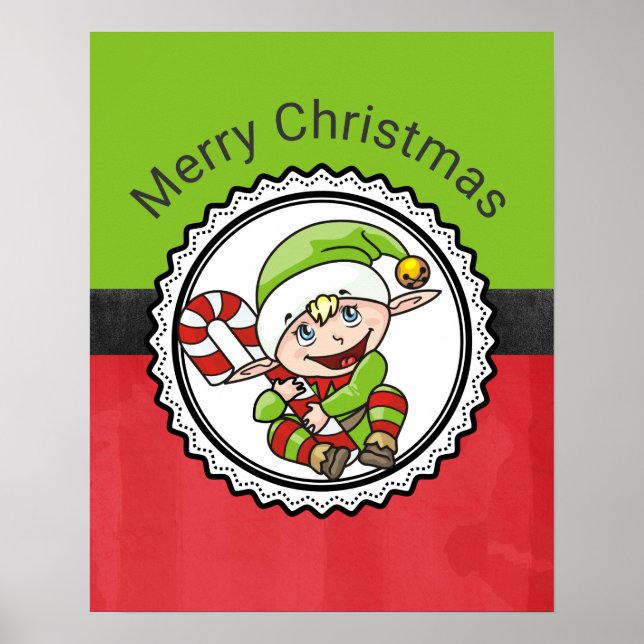 Poster Elfe mignonne avec canne de Noël Joyeux Noël (Devant)