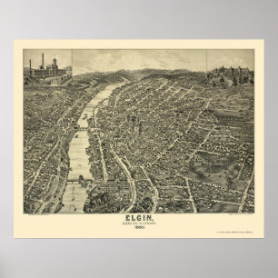 Poster Elgin, carte panoramique de l'IL - 1880