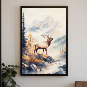 Poster Elk dans le paysage de la forêt de montagne Nature