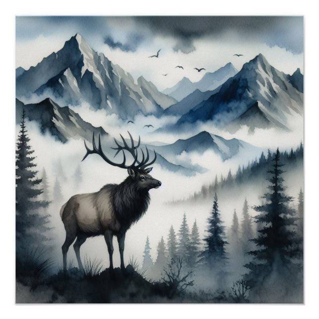 Poster Elk Misty Mountains Aquarelle Découpage (Devant)
