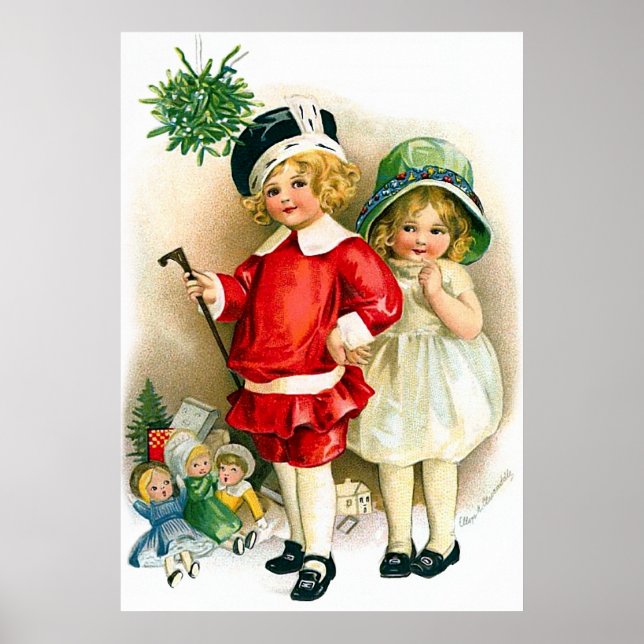 Poster Ellen H. Clapsaddle : Garçon et fille avec jouets (Devant)